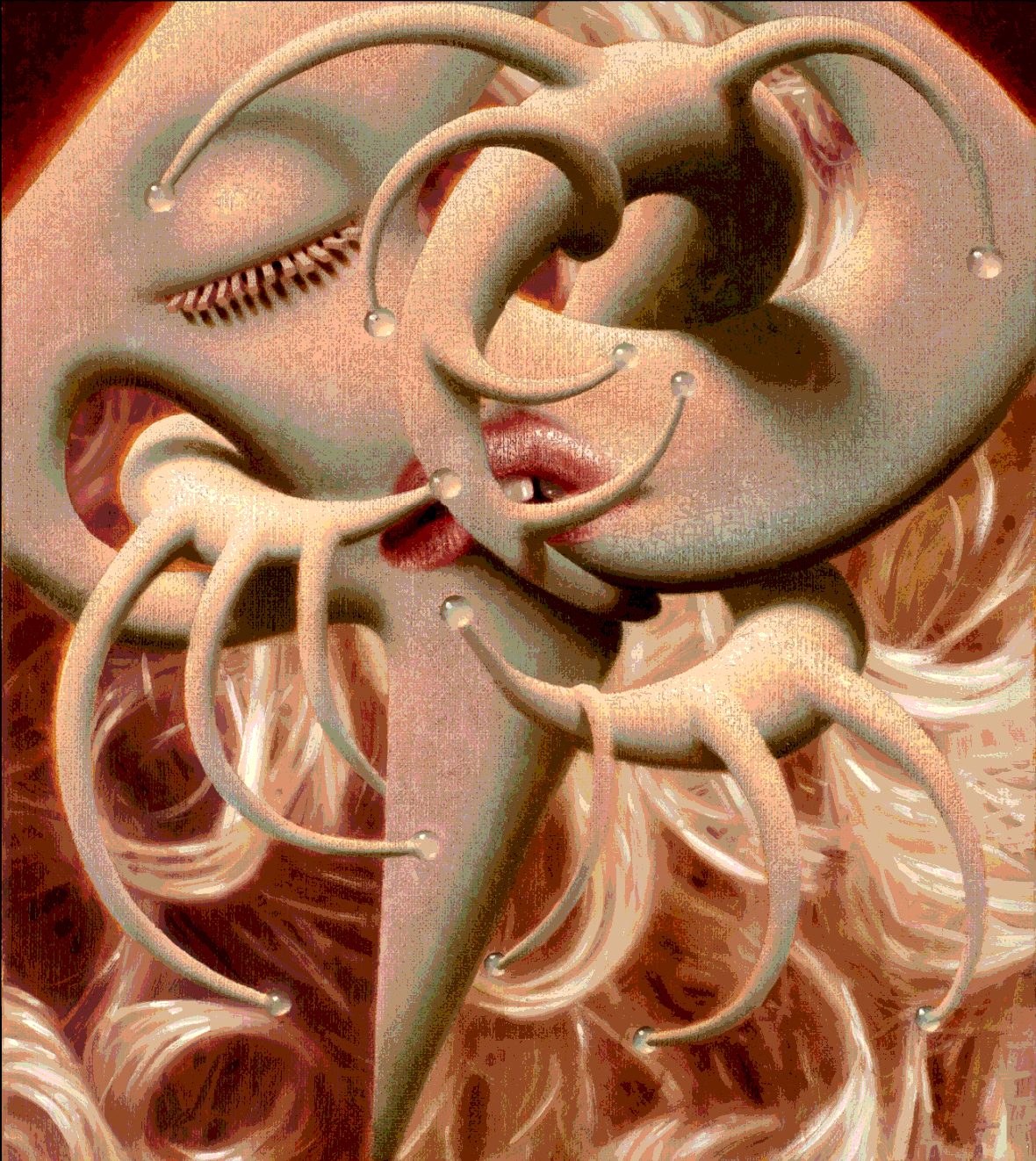 A face with a closed eye and parted lips, half hidden behind pale curling tendrils that end in small beads, above waves of light hair.
