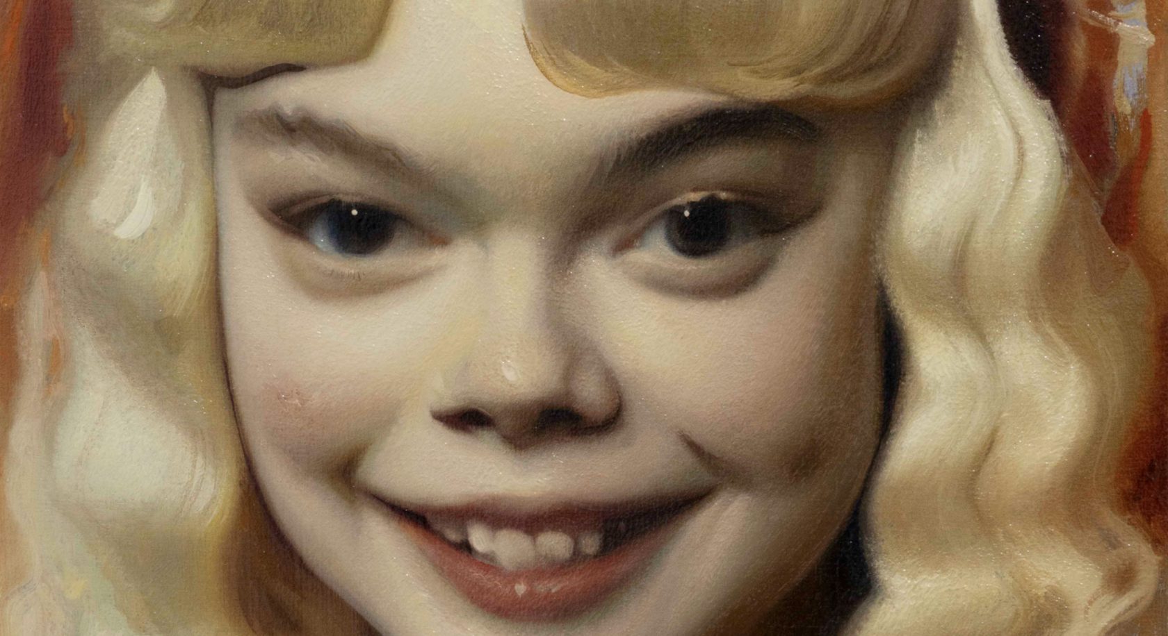 An oil painting of a smiling young face with dark brows, pale skin and long waved blonde hair, cropped close on the eyes and mouth.